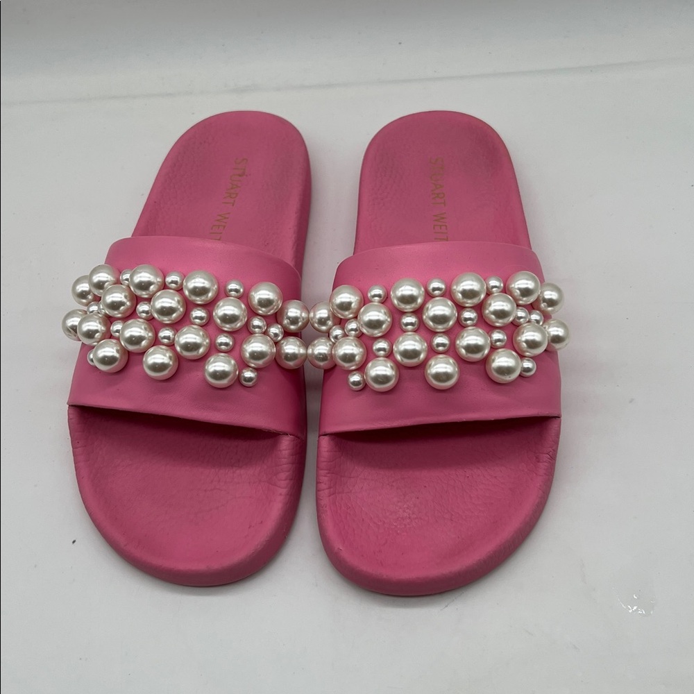 Stuart Weitzman Goldie Faux Pearl Studded Pool Slides pink size 7 B